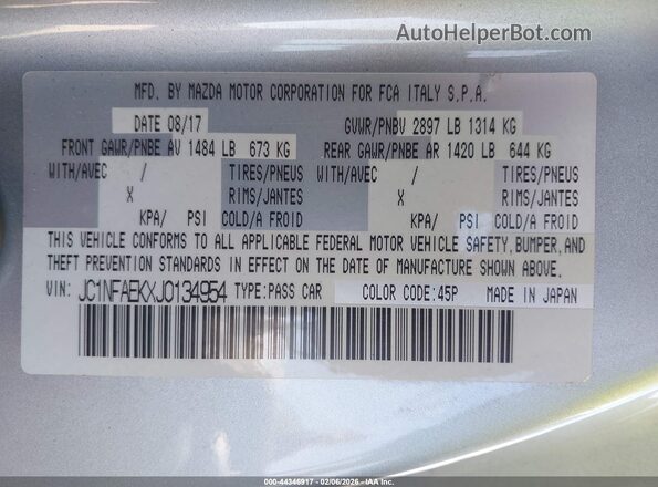 JC1NFAEKXJ0134954 2018 FIAT 124 SPIDER Silver Вид підкапотного простору