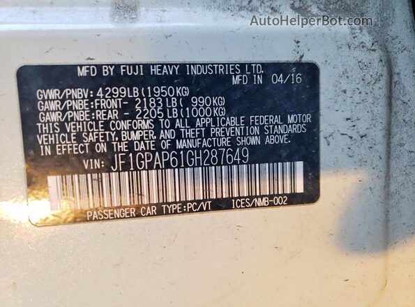 JF1GPAP61GH287649 2016 SUBARU IMPREZA White Панорамний вид салону 360°