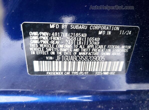 JF1GUABC9S8209005 2025 SUBARU IMPREZA Blue Вид наклейки з VIN-кодом