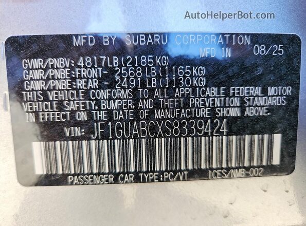 JF1GUABCXS8339424 2025 SUBARU IMPREZA Silver 