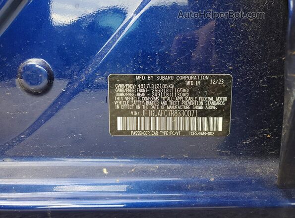 JF1GUAFC7R8330071 2024 SUBARU IMPREZA Blue Vista de la etiqueta del VIN