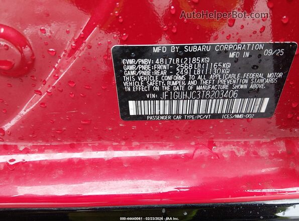 JF1GUHJC3T8203406 2026 SUBARU IMPREZA Red ძრავის განყოფილების ხედი