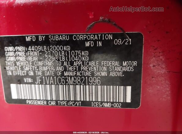 JF1VA1C63M9821996 2021 SUBARU WRX Красный 
