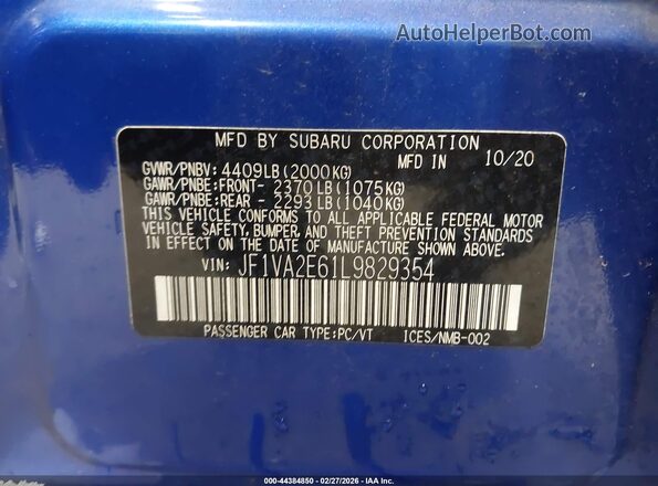 JF1VA2E61L9829354 2020 SUBARU WRX STI Синий 
