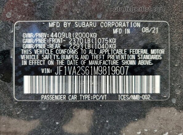 JF1VA2S61M9819607 2021 SUBARU WRX Black VIN sticker view