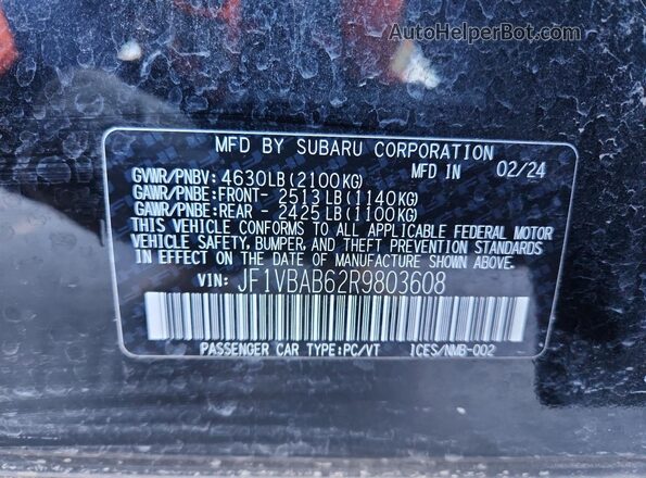 JF1VBAB62R9803608 2024 SUBARU WRX Black VIN sticker view