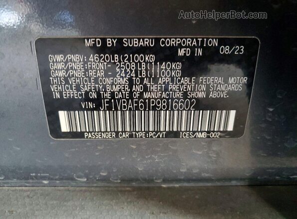 JF1VBAF61P9816602 2023 SUBARU WRX Gray ძრავის განყოფილების ხედი