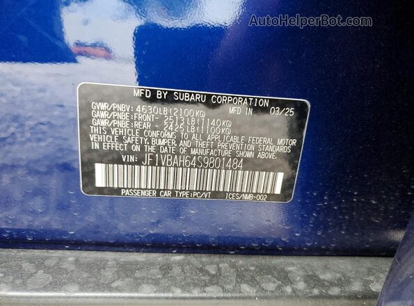 JF1VBAH64S9801484 2025 SUBARU WRX Синий Вид подкапотного пространства