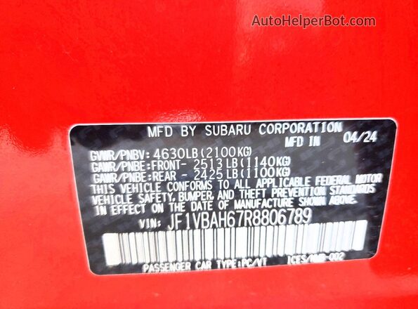 JF1VBAH67R8806789 2024 SUBARU WRX Red Widok komory silnika