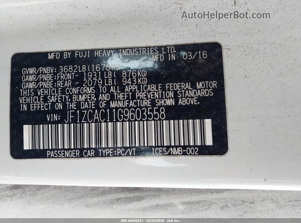 JF1ZCAC11G9603558 2016 SUBARU BRZ White Вид підкапотного простору