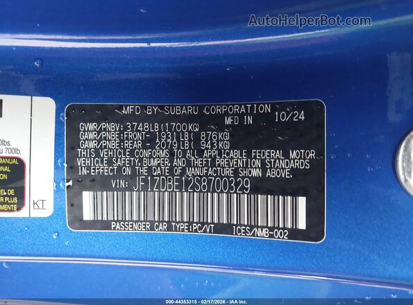 JF1ZDBE12S8700329 2025 SUBARU BRZ Blue Engine compartment view