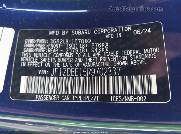 JF1ZDBE15R9702337 2024 SUBARU BRZ Blue Вид підкапотного простору