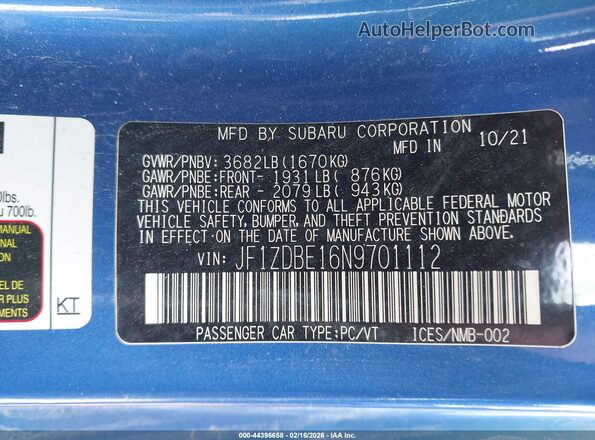 JF1ZDBE16N9701112 2022 SUBARU BRZ Blue Вид підкапотного простору