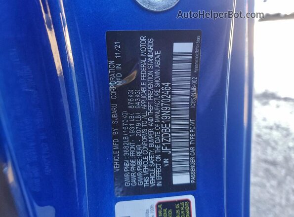 JF1ZDBE19N9702464 2022 SUBARU BRZ Blue VIN կոդի պիտակի տեսք