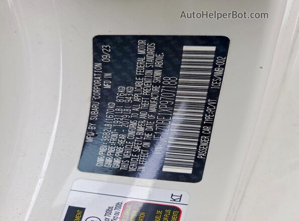 JF1ZDBE1XP9707188 2023 SUBARU BRZ White VIN կոդի պիտակի տեսք