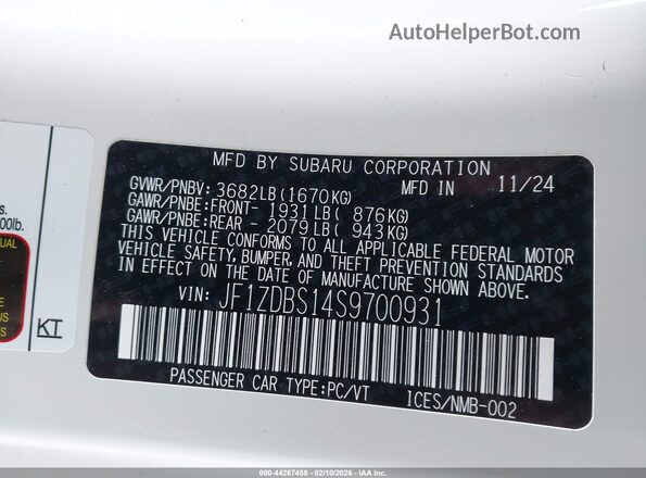 JF1ZDBS14S9700931 2025 SUBARU BRZ White Engine compartment view