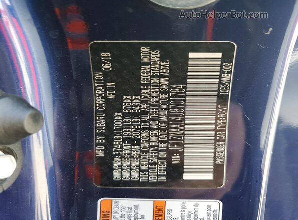 JF1ZNAA14J8701784 2018 TOYOTA 86 Blue VIN კოდის სტიკერის ხედი