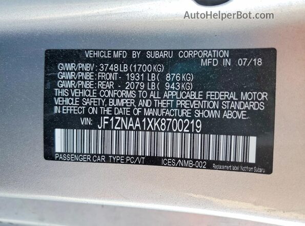JF1ZNAA1XK8700219 2019 TOYOTA 86 Silver 