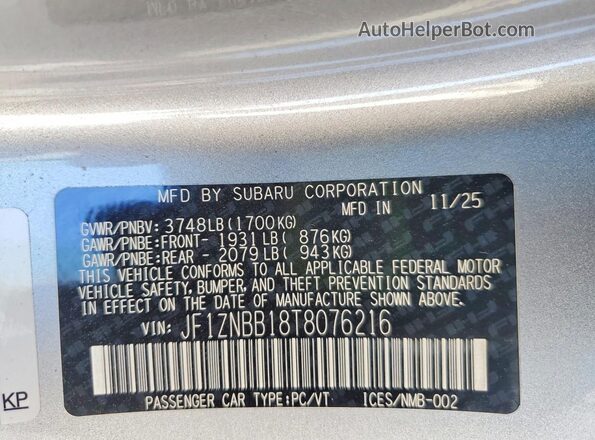 JF1ZNBB18T8076216 2026 TOYOTA GR Silver Вид наклейки з VIN-кодом
