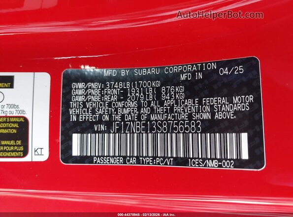 JF1ZNBE13S8756583 2025 TOYOTA GR86 Red 