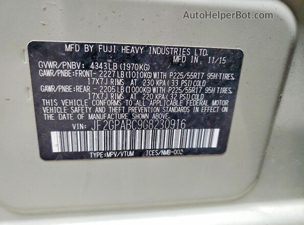 JF2GPABC9G8230916 2016 SUBARU CROSSTREK Green VIN კოდის სტიკერის ხედი