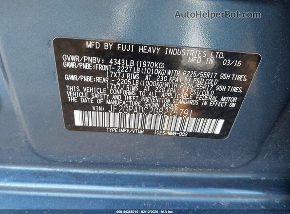 JF2GPADC2G8275791 2016 SUBARU CROSSTREK Blue Engine compartment view