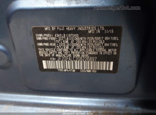 JF2GPALC2G8226897 2016 SUBARU CROSSTREK Blue Engine compartment view