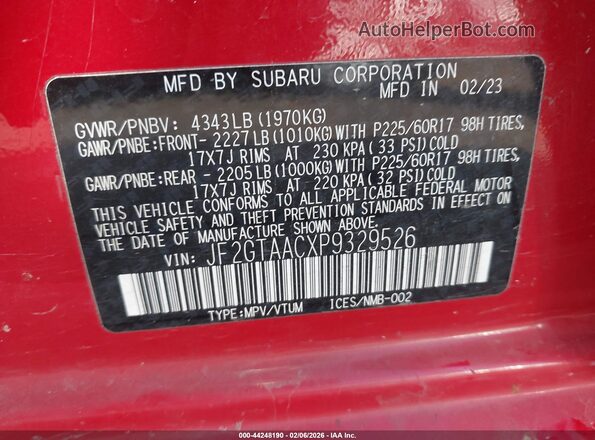 JF2GTAACXP9329526 2023 SUBARU CROSSTREK Red Вид підкапотного простору