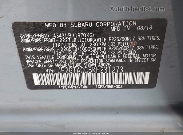 JF2GTACC5KH231273 2019 SUBARU CROSSTREK Light Blue 