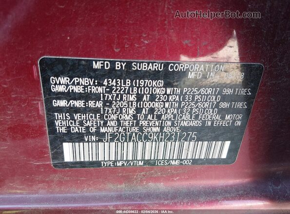 JF2GTACC9KH231275 2019 SUBARU CROSSTREK Red 