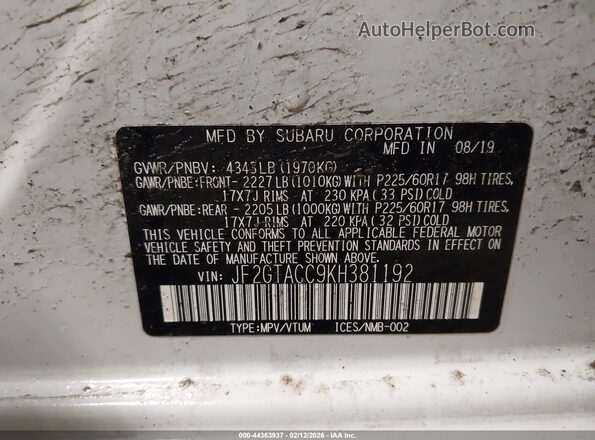 JF2GTACC9KH381192 2019 SUBARU CROSSTREK Белый Вид подкапотного пространства