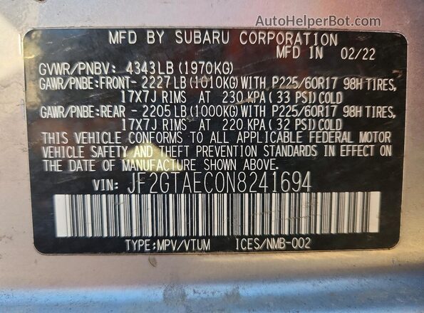 JF2GTAEC0N8241694 2022 SUBARU CROSSTREK Silver VIN կոդի պիտակի տեսք