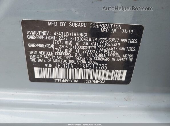 JF2GTAEC6KH317785 2019 SUBARU CROSSTREK Blue 