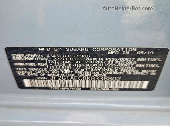 JF2GTAEC8K8338802 2019 SUBARU CROSSTREK Blue 