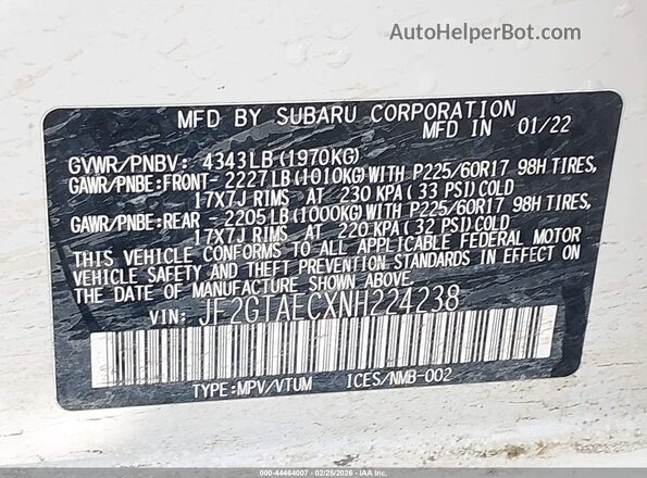 JF2GTAECXNH224238 2022 SUBARU CROSSTREK White Widok komory silnika