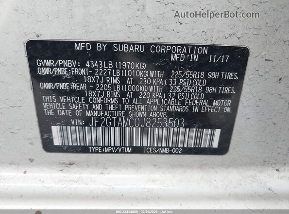 JF2GTAMC0J8253503 2018 SUBARU CROSSTREK White Vista del compartimento del motor