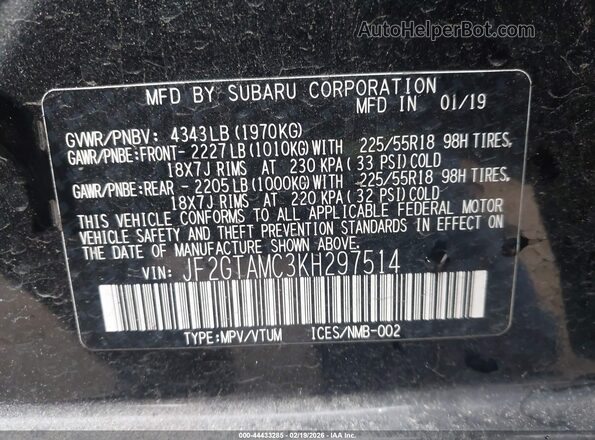 JF2GTAMC3KH297514 2019 SUBARU CROSSTREK Black ძრავის განყოფილების ხედი