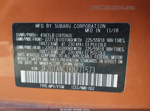 JF2GTANC1KH271573 2019 SUBARU CROSSTREK Orange Engine compartment view