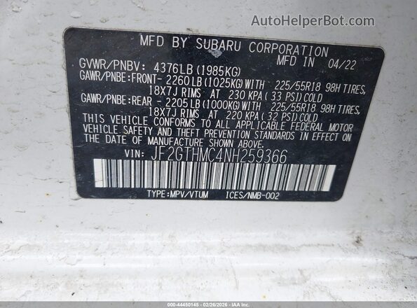 JF2GTHMC4NH259366 2022 SUBARU CROSSTREK White 
