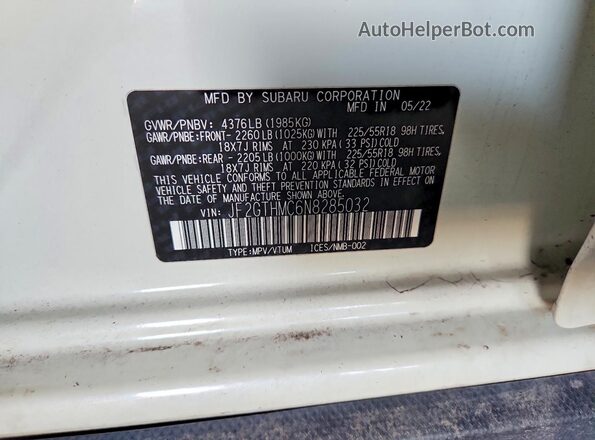 JF2GTHMC6N8285032 2022 SUBARU CROSSTREK White VIN կոդի պիտակի տեսք