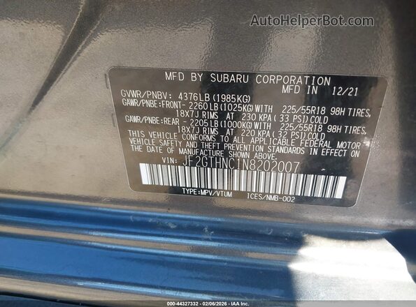 JF2GTHNC1N8202007 2022 SUBARU CROSSTREK Gray Вид підкапотного простору