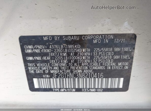 JF2GTHNC3N8210416 2022 SUBARU CROSSTREK White Vista del compartimento del motor