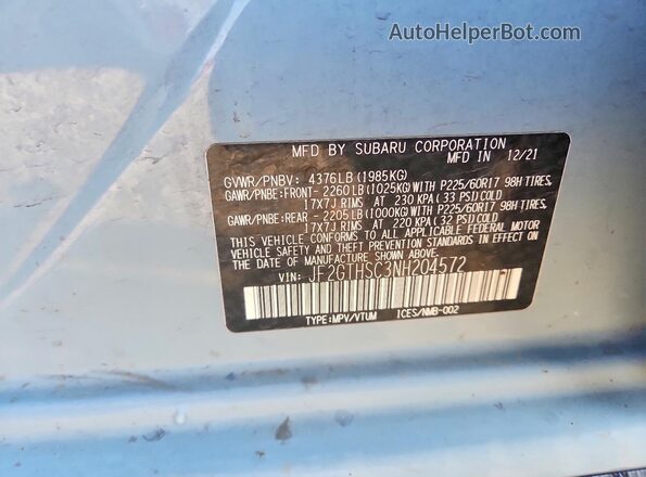 JF2GTHSC3NH204572 2022 SUBARU CROSSTREK Blue Vista de la etiqueta del VIN