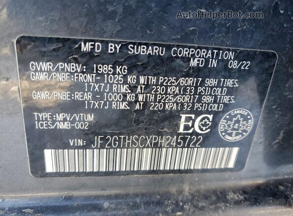 JF2GTHSCXPH245722 2023 SUBARU CROSSTREK Charcoal VIN կոդի պիտակի տեսք