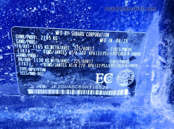 JF2GUABC6SH316525 2025 SUBARU CROSSTREK Blue 