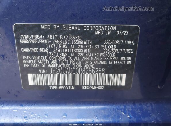 JF2GUADC0R8266258 2024 SUBARU CROSSTREK Blue Շարժիչի բաժամունքի տեսք