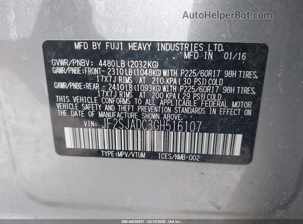 JF2SJADC3GH516107 2016 SUBARU FORESTER 2.5 Silver 