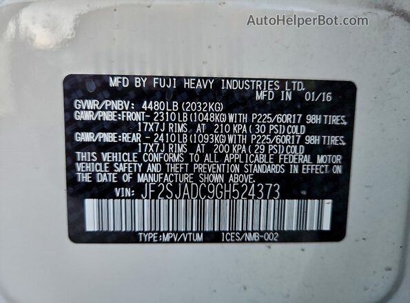 JF2SJADC9GH524373 2016 SUBARU FORESTER 2.5 White 360 interior view