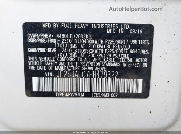 JF2SJAEC7HH479322 2017 SUBARU FORESTER 2.5 White Widok komory silnika