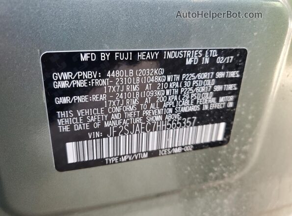 JF2SJAEC7HH565357 2017 SUBARU FORESTER 2.5 Green VIN կոդի պիտակի տեսք